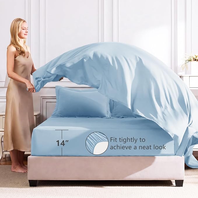 King Size Comforter Set Baby Blue - 7 Pieces Complete Bedding Set | OEKO-TEX Certified, All Season, 240GSM Down-Alternative Comforter, Sheets, Pillowcases & Shams, 14" Deep Pocket, Easy Care