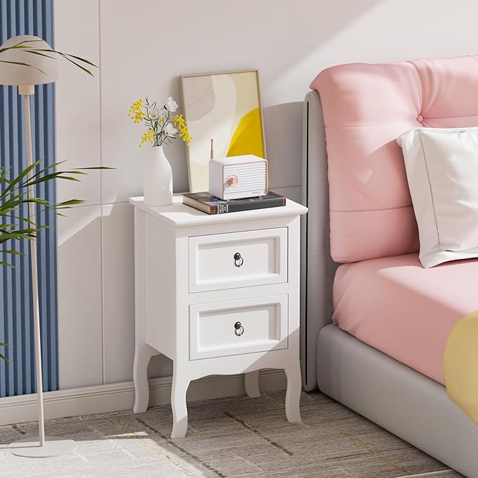 Bonnlo White Nightstand, Tool-Free Setup Night Stand, 2 Drawer Bedside Table for Bedroom, Easy & Quick Install Small Nightstands, Girls Nightstand for Bedroom, Side Table, End Table for Small Spaces