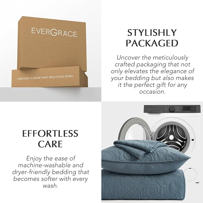 EVERGRACEHOME 100% Cotton Paisley Quilt Set, King Size, Stormy Blue | Prewashed for Softness, Year-Round Breathability, Gift-Ready Box, Matelasse-style Quilted Coverlet, 3 Piece Set with 2 Shams