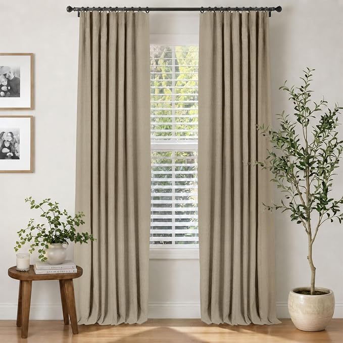 INOVADAY 100% Blackout Curtains for Bedroom Black Out Curtain 102 Inch Long | Earthy Beige Living Room Curtains 2 Panels, Clip Rings Linen Look Blackout Drapes, Thermal Insulated Room Darkening,W50xL102