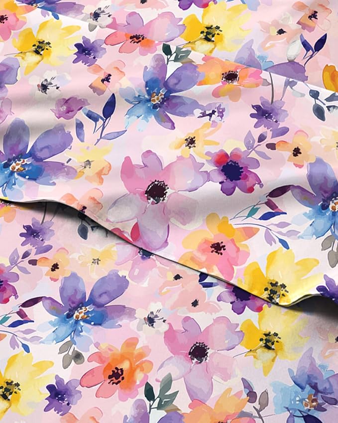 Twin XL 3 Piece Floral Sheet Set - Breathable & Cooling - Watercolor Bloom | 1 Flat, 1 Fitted & 1 Pillowcase w/ Deep Pockets, Boho Botanical Floral Bedding, Breathable & Cooling, Wrinkle & Fade Free