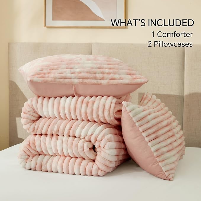 BEDELITE Fleece Twin/Twin XL Comforter Set, Fluffy Bed Set, Pink&White | Super Soft & Warm Bedding, Luxury Fuzzy Faux Fur Comforter for Winter, Heavy Plush Bedding, with 1 Pillowcase