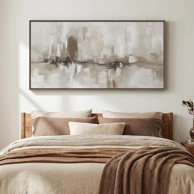 Large Framed Neutral Abstract Wall Art for Living Room, Horizontal 60x30 In | Modern beige brown pictures, Canvas prints, Wood frame, Minimalist artwork for walls, Wall decor for bedroom dining office