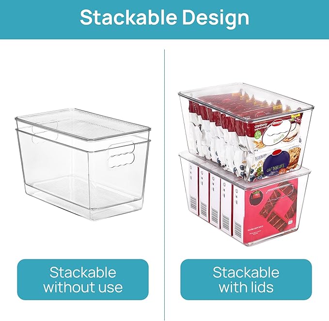 Vtopmart 6 Pack Clear Stackable Storage Bins with Lids and Handles, Large | BPA-free Plastic, Organize Vertically, For Pantry Kitchen Fridge Cabinet Closet Bathroom, Built to Last, Easy to Move