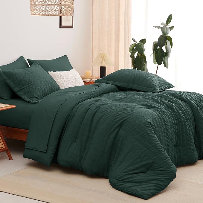 Oversized King Seersucker Comforter Set, Forest Green, 120 x 98 in | OEKO-TEX Certified, 7 Pieces Bed in a Bag with 240 GSM Down Alternative Comforter, Flat & Fitted Sheets, Pillowcases & Shams
