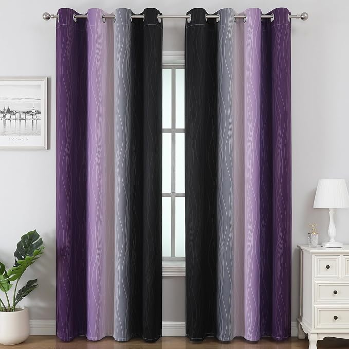 Black and Purple Ombre Blackout Curtains 102 Inch Length | Room Darkening Curtains for Bedroom, Thermal Insulated,Light Blocking,Grommet Window Drapes for Living Room,52Wx102L,2 Panels