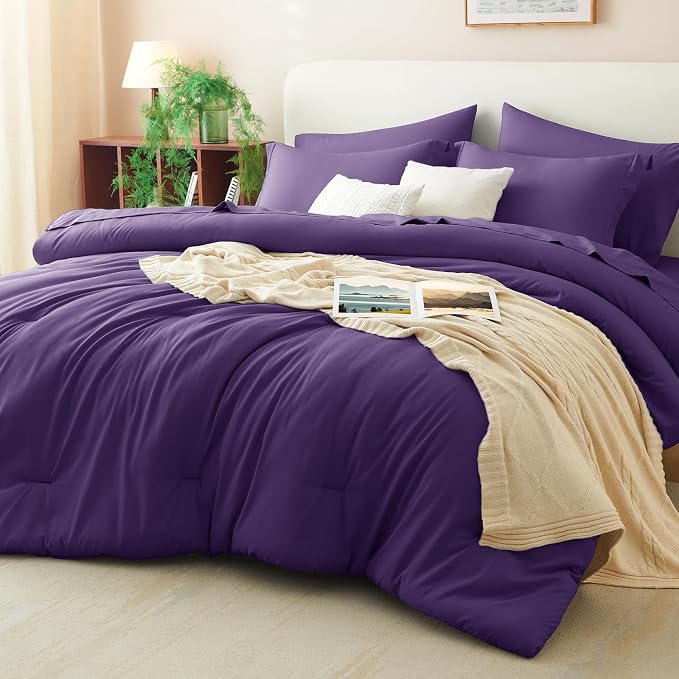 Queen Comforter Set Purple, 7 Pieces Bed in a Bag | OEKO-TEX Certified, All-Season, Bedroom, 240GSM Down Alternative Comforter, Flat & Fitted Sheets, 2 Pillowcases & 2 Shams