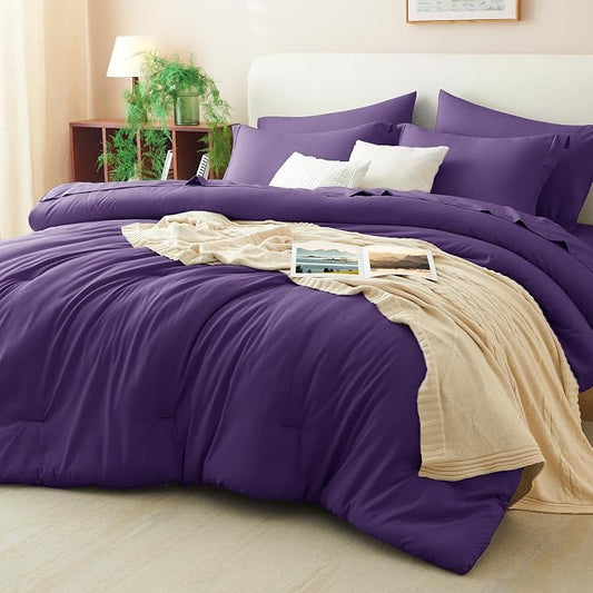Full Size Comforter Set Purple, 7 Pieces Bed in a Bag | OEKO-TEX Certified, All-Season, Bedroom, 240GSM Down Alternative Comforter, Flat & Fitted Sheets, 2 Pillowcases & 2 Shams
