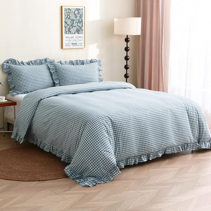Silnuo Light Blue/White Gingham Plaid Ruffle Duvet Cover Set Twin Size | 100% Washed Cotton 3 Pcs Vintage Checkered Chic Farmhouse Bedding Set Comforter Cover Set(Twin,Light Blue/White)