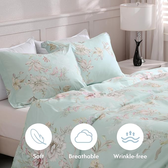 LONAVA King Flower 3 Pcs Duvet Cover Set, Breathable Soft Microfiber Light Blue Lining Comforter Cover with Zipper Closure, and 2 Anti-Pilling, Fade Resistant Pillowcases, Mint Flower