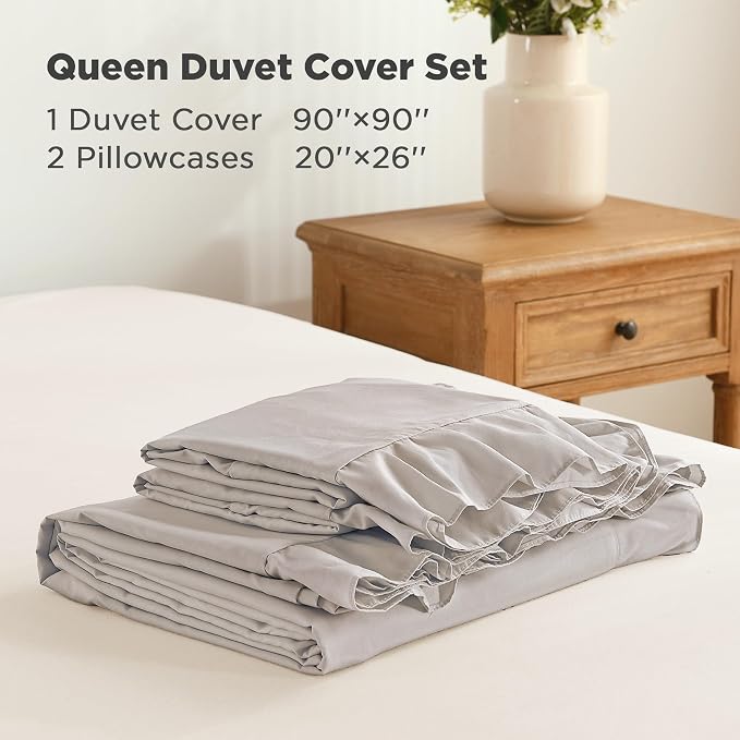Andency Linen Ruffle Duvet Cover Queen, Shabby Chic Farmhouse Bedding Set | 3 Pieces Soft Washed Polyester Vintage Ruffled Comforter Cover Set with Zipper Closure & Corner Ties, 90x90Inch