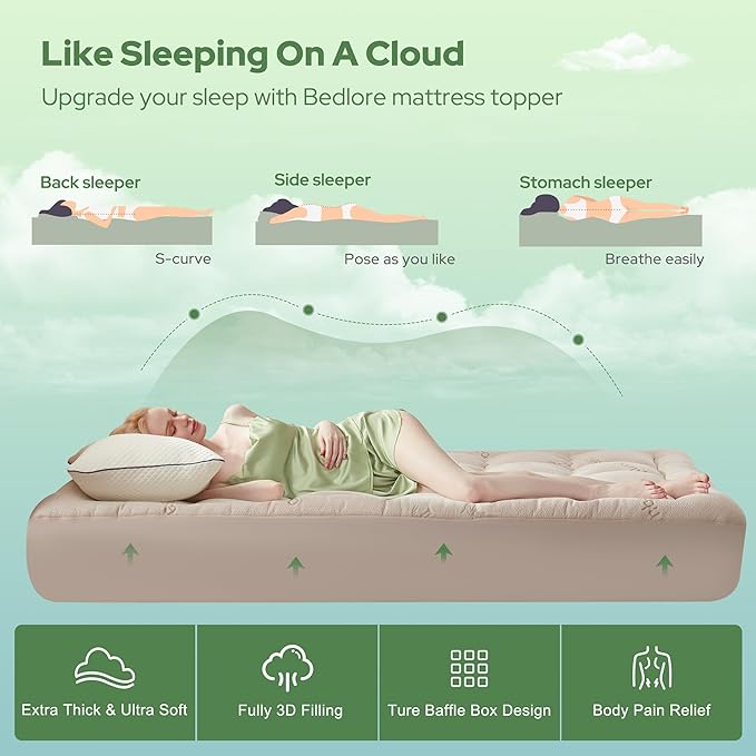 BEDLORE Queen Mattress Topper Viscose Bamboo, Thick Pillow Top Mattress Pad | Stretchable Pockets Fit 6”-18” Mattress, Soft Breathable Mattress Topper for Back Pain Relief and Hot Sleepers(Beige)