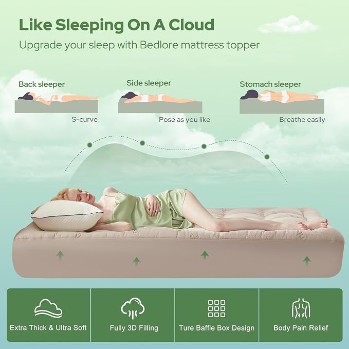 BEDLORE Full Size Mattress Topper Viscose Bamboo, Pillow Top Mattress Pad | Stretchable Pockets Fit 6"-15" Mattress, Soft Breathable Thick Mattress Topper for Back Pain Relief & Hot Sleepers(Beige)