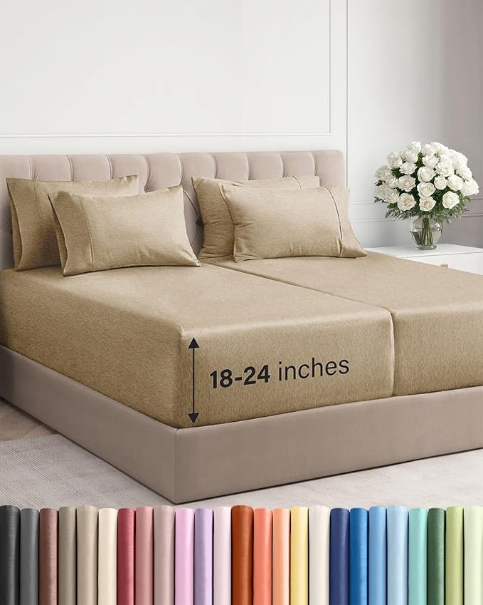 Extra Deep Split King Sheet Set - 7 Piece Cooling Sheets - Heathered Tan | Hotel Luxury Bed Sheets Set, Easy & Secure Fit, Ultra-Soft, Wrinkle & Fade Free, Comfy Sheets Set with Extra Deep Pockets
