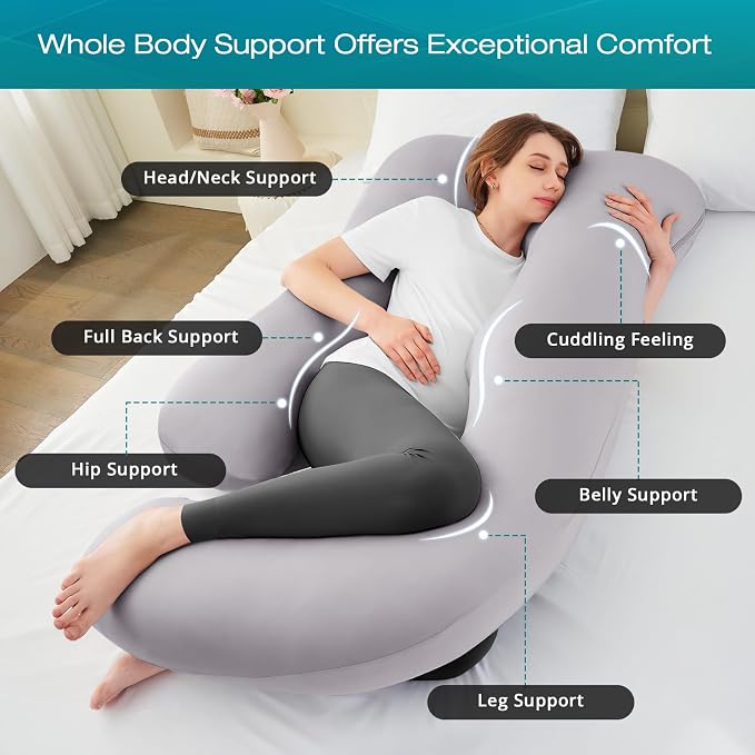 Sasttie Cooling Pregnancy Pillows for Sleeping, U Shaped Full Body Pillow with Removable Cover, Pregnant Women Must Haves, Maternity Essential, Light Grey (Pack of 2)