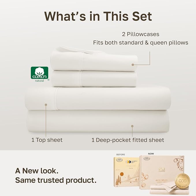 California Design Den 100% Cotton Sateen Deep Pocket Queen Sheets Set | 400 Thread Count Backed by Good Housekeeping Seal, 16" Deep Pocket, All-Around Elastic, Easy Care - Ivory (Pale Tone)