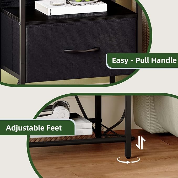 Somdot Nightstand Set of 2 with Charging Station & LED Light, Bedside Table | Dorm, Guest Room, Kids Room, Laundry, Closet, Entryway and Hallway, Black
