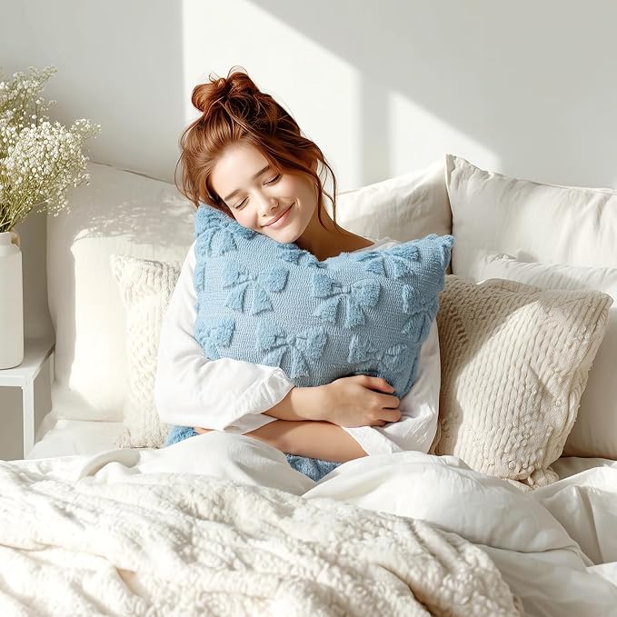 MIULEE Blue Bow Pillow Covers Coquette Room Decor 20x20 | Aesthetic Decorative Cute Girl,Set of 2 Cushion Covers,Soft Plush Faux Pillowcases,Preppy Room Decor Bedroom Couch
