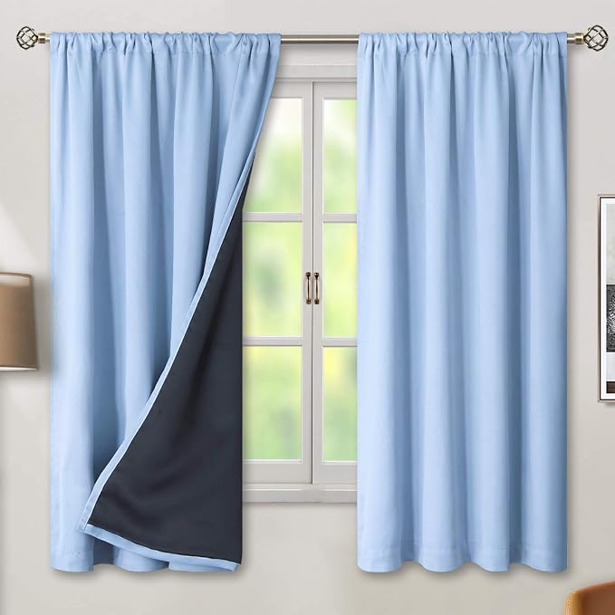 BGment Light Blue 100% Blackout Curtains for Bedroom 63 Inch Length | Thermal Insulated Soundproof, Light Blocking Dark, Black Out Curtains for Living Room, 2 Panels, 42 x 63 Inch