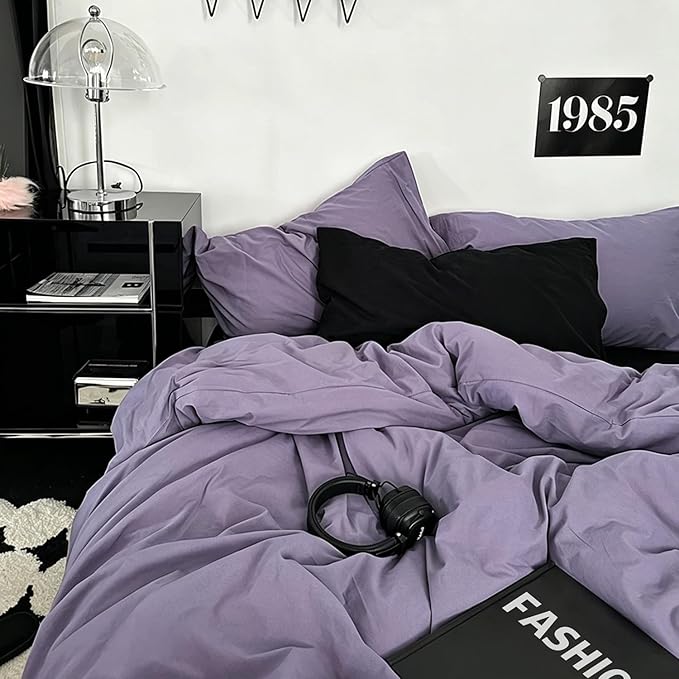 mixinni Solid Purple Duvet Cover Set Queen Size - 100% Washed Cotton 3-Piece Minimalist Bedding Set, Ultra Soft Breathable Solid Color Purple Comforter Cover with Zipper & Corner Ties, Queen Size