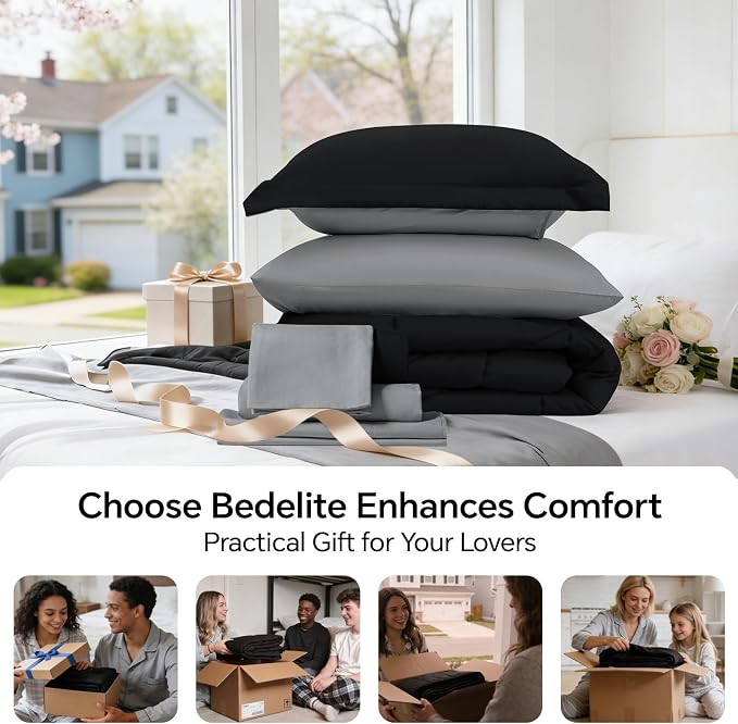 BEDELITE Twin Comforter Set 5 Pieces, Reversible Black Bed in A Bag | Soft All Season Down-Alternative Comforter, Sheets, Pillowcases & Shams, OEKO-TEX Certified Bedding for Bedrrom, Guest Room