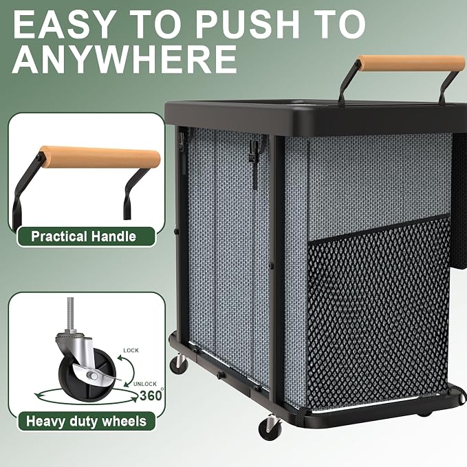 Laundry Hamper 3 Section with Lid,230L Rolling Dirty Clothes Hamper Grey | Laundry Basket with Wheels,Laundry Organizer Storage Cart with Sturdy Metal Frame and Wooden Handle for Laundry Room, Hotel