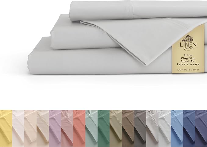 Linen Home 100% Cotton Percale King Size Sheets - Crisp & Cool, Breathable, Deep Pocket Fits 16" Mattress, 4-Piece Set, Long-Staple Combed Cotton, Hotel Bedding, Softer After Each Wash - Silver