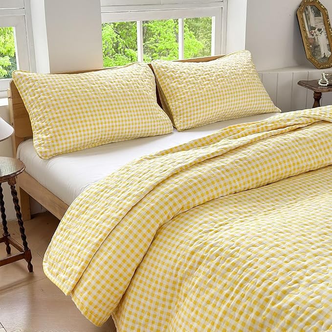 NSNLGSGC Yellow Gingham Queen Summer Bedspread Quilt Set | Pre-washed Microfiber,Lightweight Checked Grid Bedding Coverlets for All Seasons