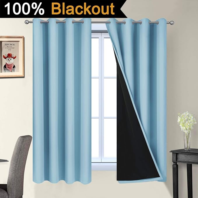 Yakamok Sky Blue 100% Blackout Curtains 63 Inches Long 52" Wide 2 Panel | Blackout Curtain Panels for Bedroom, 2 Thick Layers Grommet Top Thermal Insulated Drapes with Black Liner for Living Room