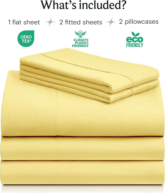 Split King Sheets for Adjustable Bed, Soft Deep Pocket Bed Sheets Set, 5PC | LuxClub Silky Fitted Sheet & Pillowcase Sets, Breathable Hotel Luxury Bedding for Mattress Wrinkle Free, Lemon