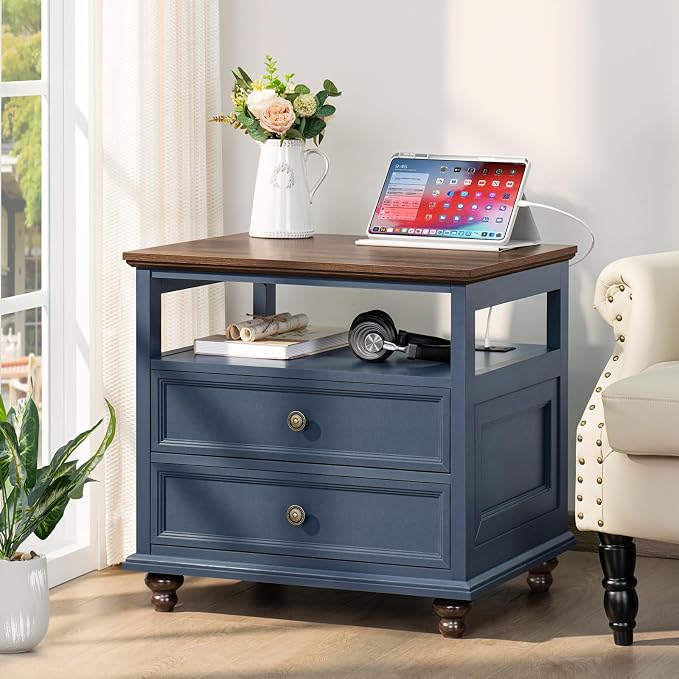 Joaxswe Farmhouse Nightstand Set of 2 with Charging Station, 24" Wide End Table with 2 Drawers,Wood Dresser for Bedroom,Bed Side Table Chest of Drawers Cabinet,Navy BlueNight Stand for Living Room