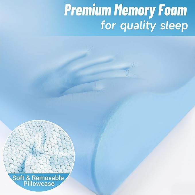 Neck Pillow for Sleeping, Ergonomic Cervical Bed Pillow, Blue Queen Size | Memory Foam Bed Pillow for Side Back Stomach Sleepers, Contour Fit Neck Pillow for Sleeping and Neck Pain Relief