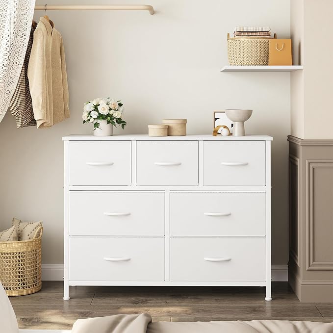 OLIXIS 7 Drawer Fabric Dresser, Storage Tower for Bedroom and Closet | White Easy-Pull Bins for Closet Organizers, Chest of Drawers with Sturdy Steel Frame & Wooden Top for Living Room, Entryway