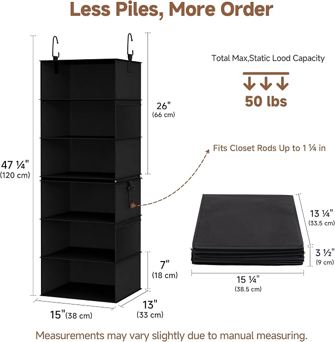 StorageWorks Hanging Closet Organizer, 6-Shelf with 2-in-1 Design, Ivory | Maximize Closet Space with Reinforced Shelves, Small Closet Storage Solution for Bedrooms, Dorms and RVs, Jumbo
