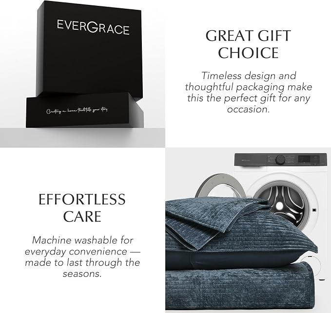 EverGrace Striped Channel Velvet Quilt Set, King Size, Midnight Blue | Luxurious Soft Lightweight Velvet Comforter, Oversized Bedspread Coverlet, Quilted Bedding Set for All Season, with 2 Shams