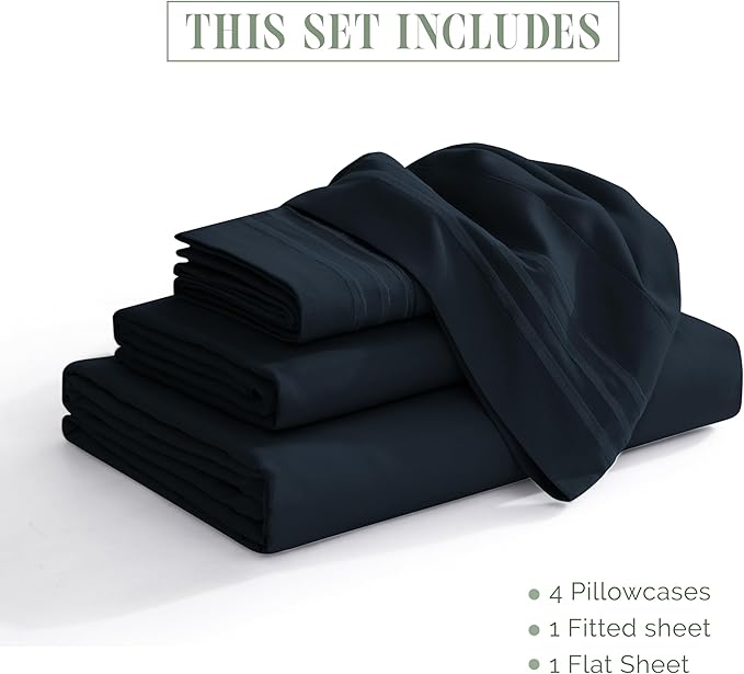 Elegant Comfort Luxurious 1500 Premium Hotel Quality Microfiber Three Line Embroidered Softest 4-Piece Bed Sheet Set, Wrinkle and Fade Resistant, RV Short Queen, Black