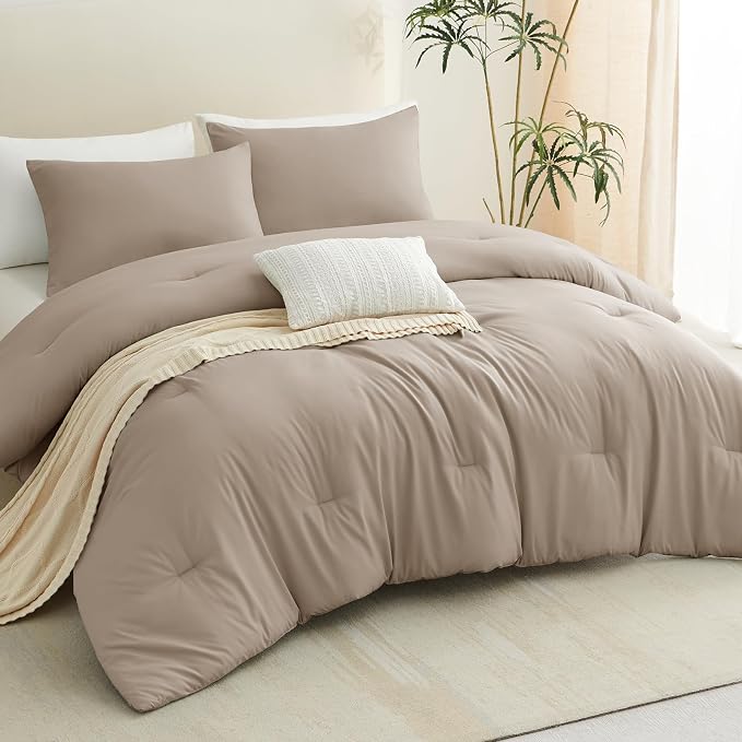 Queen Comforter Set, 3 Pieces Down Alternative Bedding, Khaki | 270 GSM All Season Comforter with 4 Corner Ties for Use as a Duvet Insert, OEKO-TEX Certified, 2 Pillowcases, 88 x 88 in
