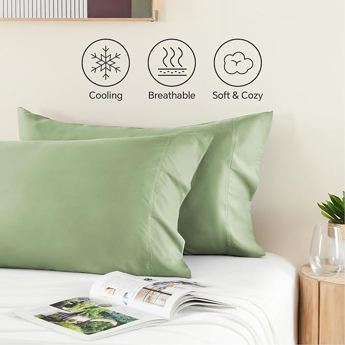 BEDELITE Cooling Pillow Cases Queen, Rayon Made from Bamboo, Sage Green | Cooling and Breathable Pillow Cover for Hot Sleepers & Night Sweats, Silky Soft Cozy, Envelope Closure, 20"x30", Set of 2