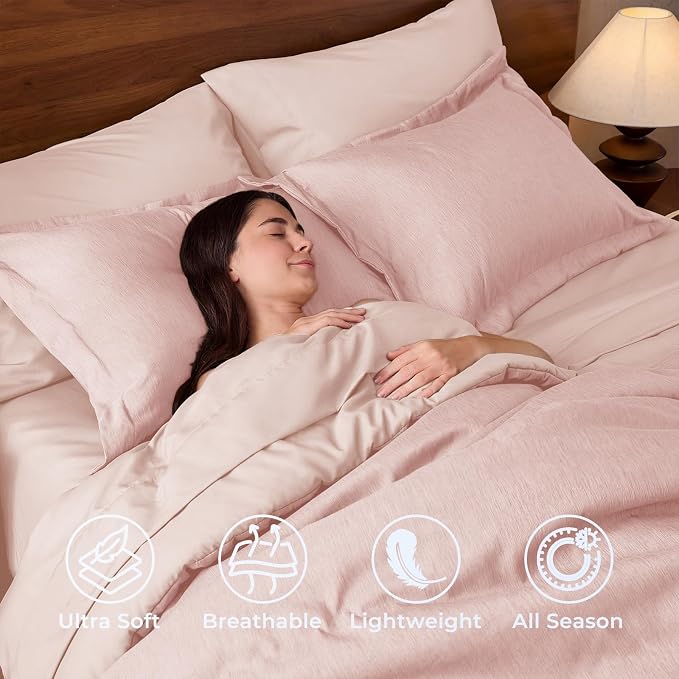 JOLLYVOGUE Pink Queen Comforter Set, Cationic Dyeing Bed in a Bag Queen 7 Pieces, Double-Tone Bedding Set with Down Alternative Comforter, Sheets, Pillowcases & Shams