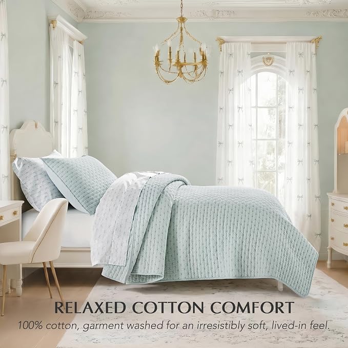 100% Cotton Cross Stitch Quilt Set, Twin, Seafoam Aqua | 100% Cotton, Elegant Cross Stitch, Soft & Breathable, Prewashed Softness, Oversized Design, OEKO-TEX® Certified