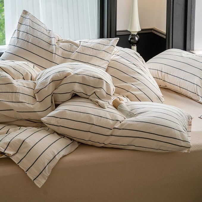 LifeTB Striped Comforter Set Full Size Grey Stripes Pattern Printed Comforter 3 Pieces Lightweight Boho Bedding Comforter Set for All Seasons Breathable Soft Fluffy Beige Comforter with 2 Pillowcases