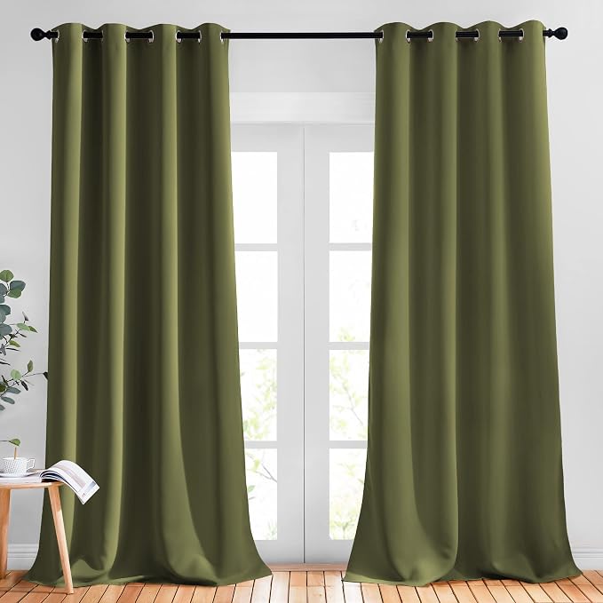 NICETOWN Room Darkening Curtains for Windows 90 inch Length - Grommet Energy Saving Thermal Drapes Sound Reducing Heat Blocking Window Treatments for Living Room (Olive, 2 Panels, W52 x L90)