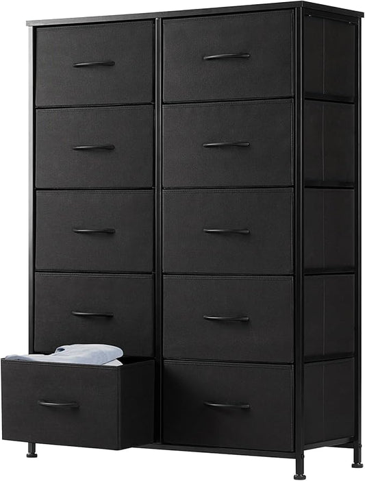 DUMOS 10 Drawer Dresser for Bedroom, Storage Organizer Chest of Drawers | Wide Fabric Closet Organizer Tower Furniture with Wooden Top Metal Frame, Dorm, Black