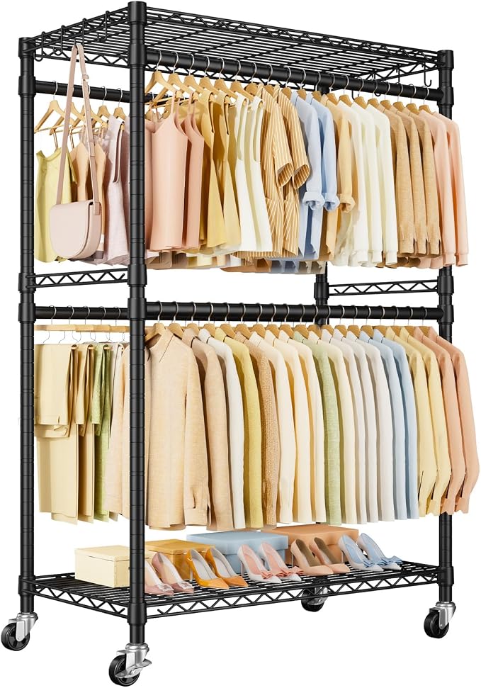 Rolling Clothes Rack, Clothing Racks for Hanging Clothes, Black | P4 Plus Heavy Duty Garment Rack with Wheels, Free Standing Portable Closet Racks 45''W × 20.5''D × 80.5''H, Max Load 570 Lbs