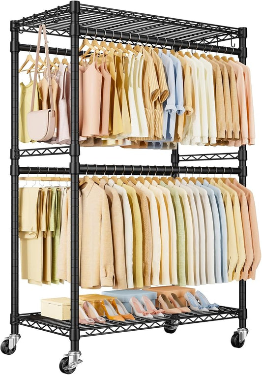 Rolling Clothes Rack, Clothing Racks for Hanging Clothes, Black | P4 Plus Heavy Duty Garment Rack with Wheels, Free Standing Portable Closet Racks 45''W × 20.5''D × 80.5''H, Max Load 570 Lbs