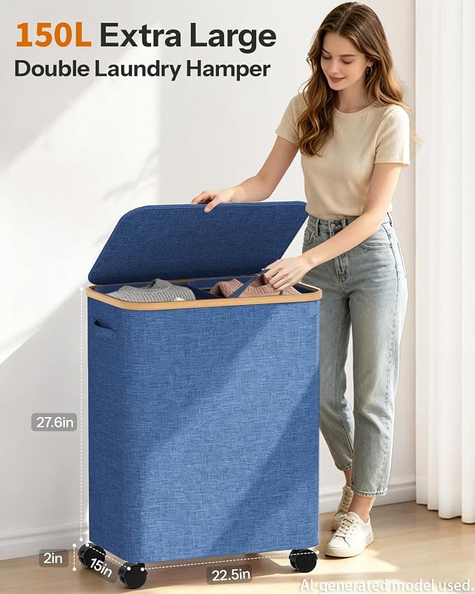 Double Laundry Basket with Wheels and Lid, 150L Clothes Hampers for Laundry | Large Laundry Hamper with 2 Sections & Removable Liner Bags, Rolling Dirty Clothes Basket for Bedroom Bathroom Dorm College