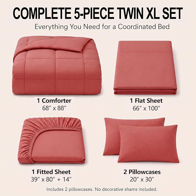 Twin XL Comforter Set Coral - 5 Pieces Twin XL Bed in a Bag | College Dorm Essentials, OEKO-TEX Certified, All Season, Down-Alternative Comforter + Flat & Fitted Sheets + 2 Pillowcases
