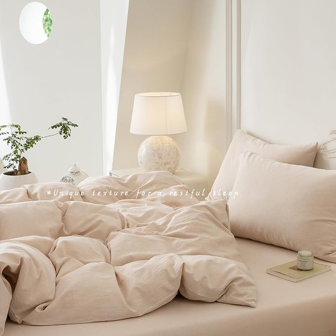 BDEAR 3Pcs Beige Duvet Cover Set King Size 104" W x 90" L, Skin Friendly | 100% Washed Cotton, 1 Duvet Cover with 2 Pillowcases, Zipper Closure, OEKO TEX Standard,8 Corner Ties,Linen-Liked Texture