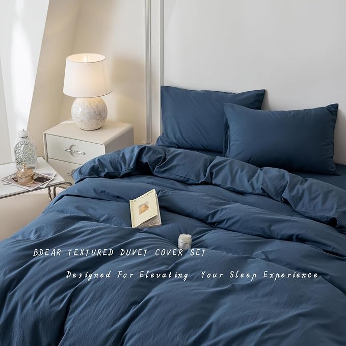 BDEAR 3Pcs Gray Blue Duvet Cover Set Queen Size 90" L x 90" W, Oeko TEX | 100% Washed Cotton, 1 Duvet Cover with 2 Pillowcases, Zipper Closure, 8 Corner Ties,Linen-Liked Texture, Skin Friendly