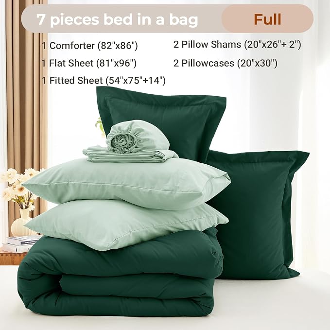 7 Pieces Full Comforter Set, Soft Bed in a Bag Full Size, All Season Bedding Set with Comforter, Flat Sheet, Fitted Sheet, Pillowcases & Shams, Forest Green & Sage Green